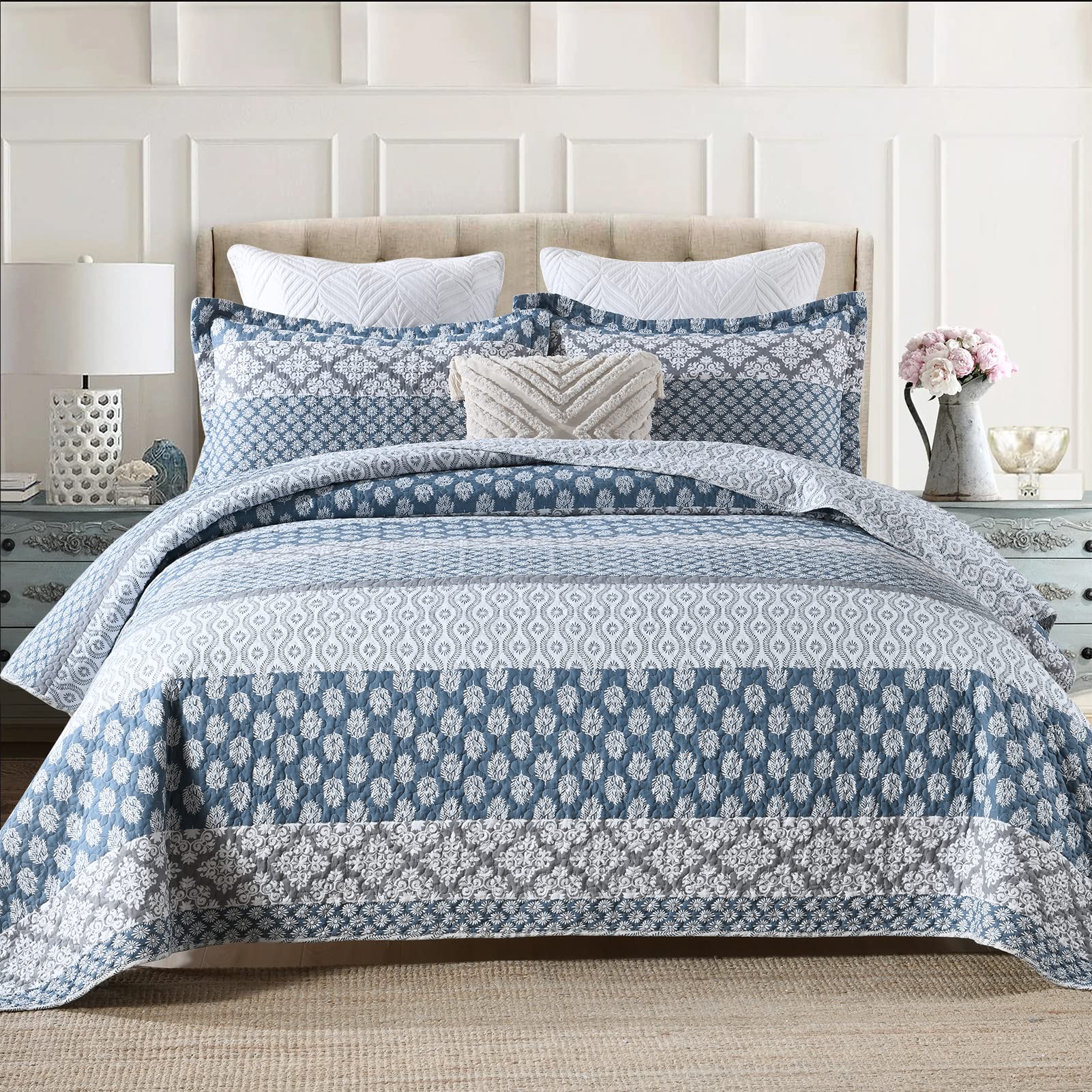 Dduoxin Floral Quilts Queen Size - 100% Cotton Reversible Queen Quilt With 2 Pillow Shams, Farmhouse Soft Queen Bedspreads Light